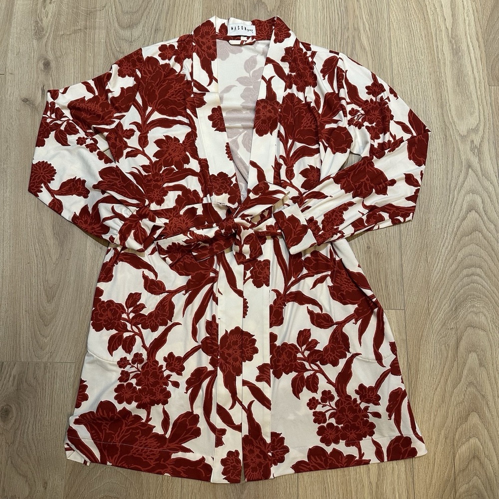 MASON Grey Classic Short ROBE Size‎ S Red Maroon Floral Pattern Pockets Belt